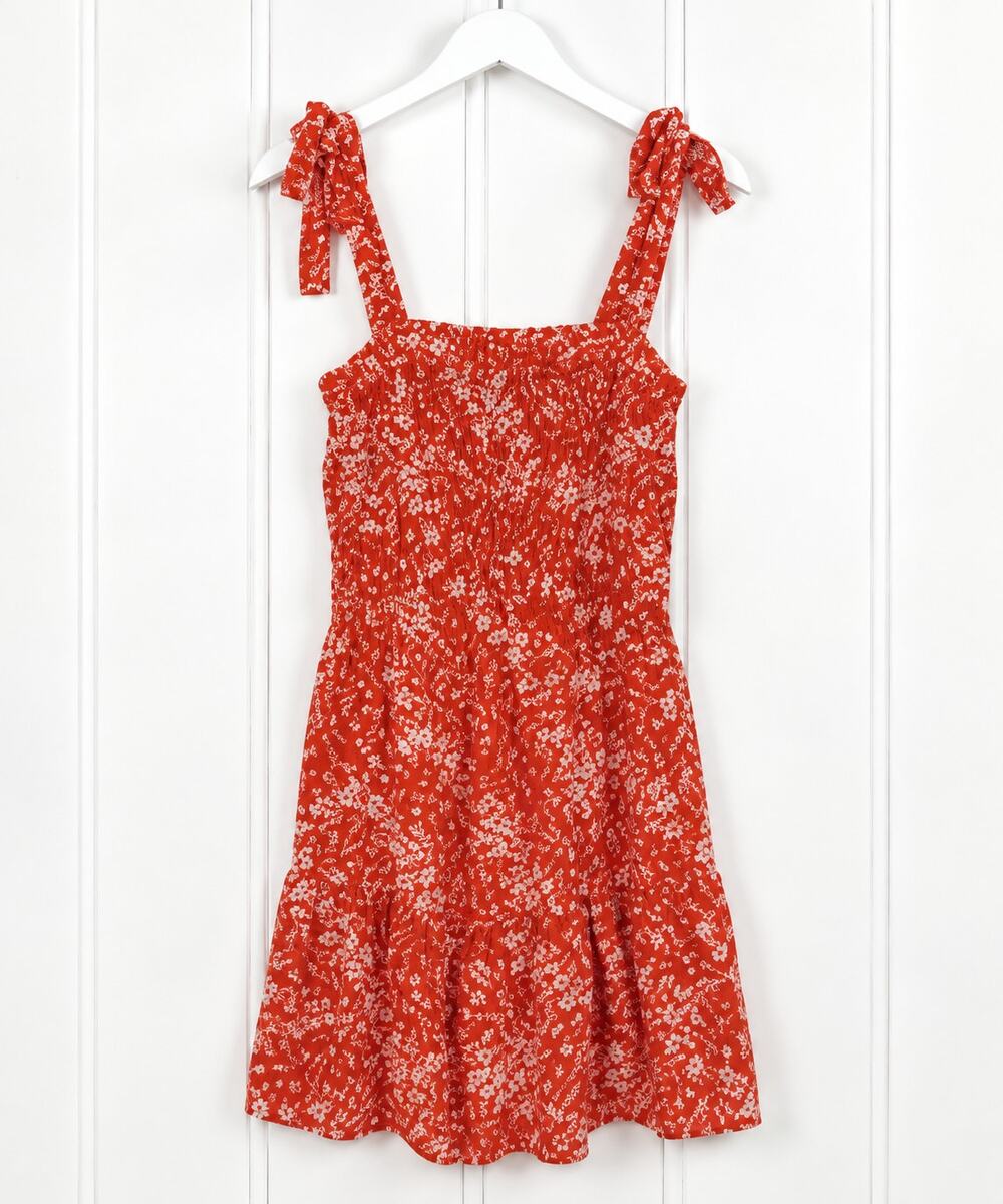 GiGiO Floral Sundress M Orange Smocked Tie Shoulder Ruffle Mini Dress Boho